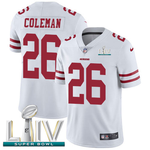 San Francisco 49ers Nike #26 Tevin Coleman White Super Bowl LIV 2020 Men Stitched NFL Vapor Untouchable Limited Jersey